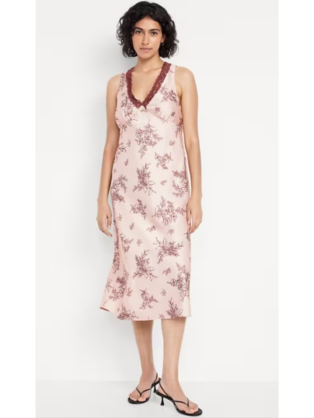 NWT Old Navy Pink Deep V Floral Lace Trim Satin Midi Slip Dress Size Small